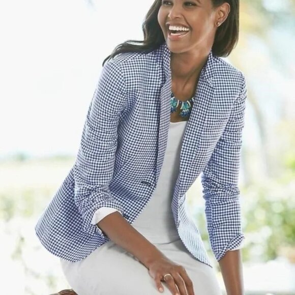 Talbot's NEW Blue white Gingham Houndstooth Career Preppy Lined cotton blazer, 6 - Picture 2 of 11